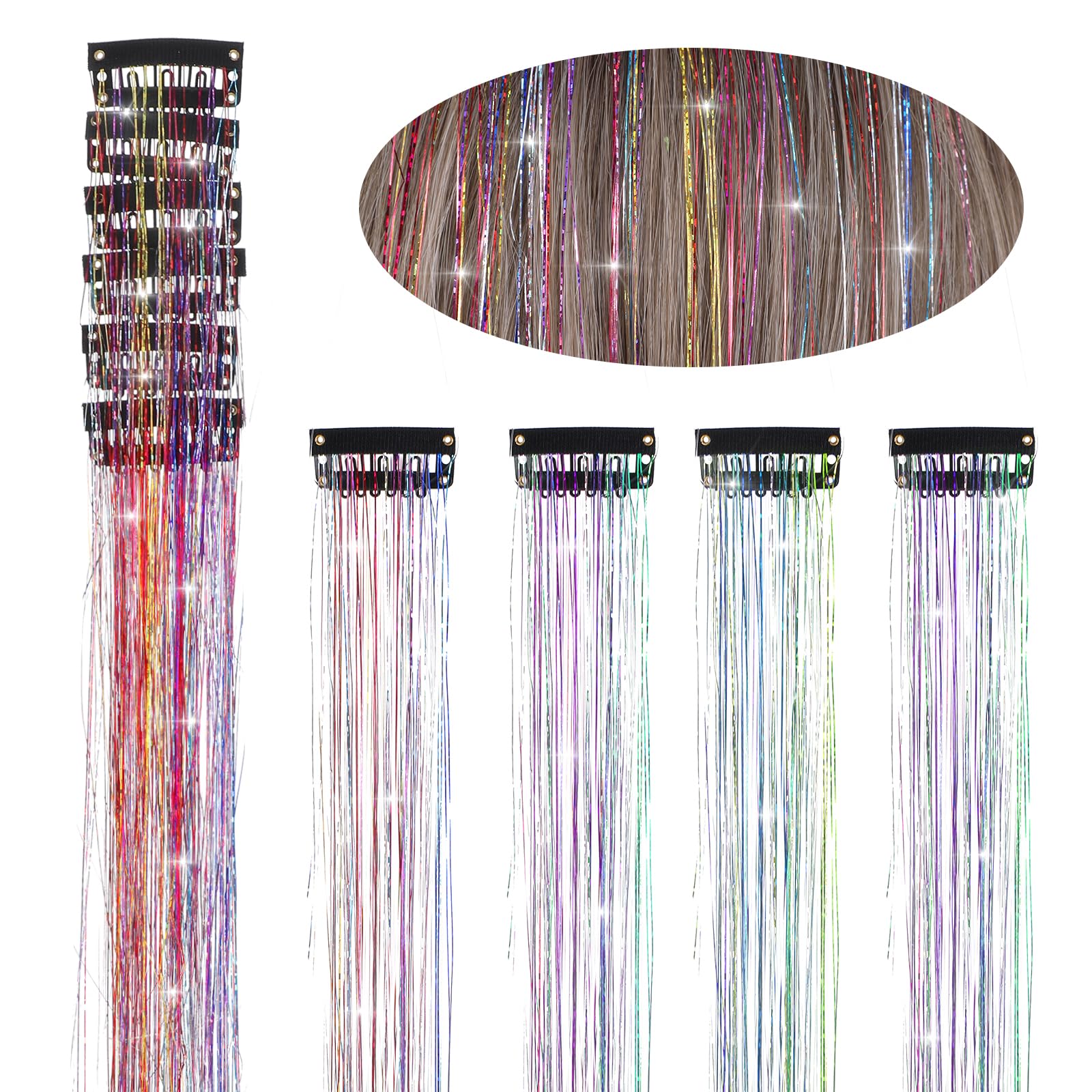 Hair Tinsel 12Pcs Tinsel Hair Extensions 20 Inch Clip in Glitter Hair Extensions Colorful Hair Tinsel Glitter Strands Tinsel Kit Hair Accessories for Women Girls Cosplay Halloween Party Festival