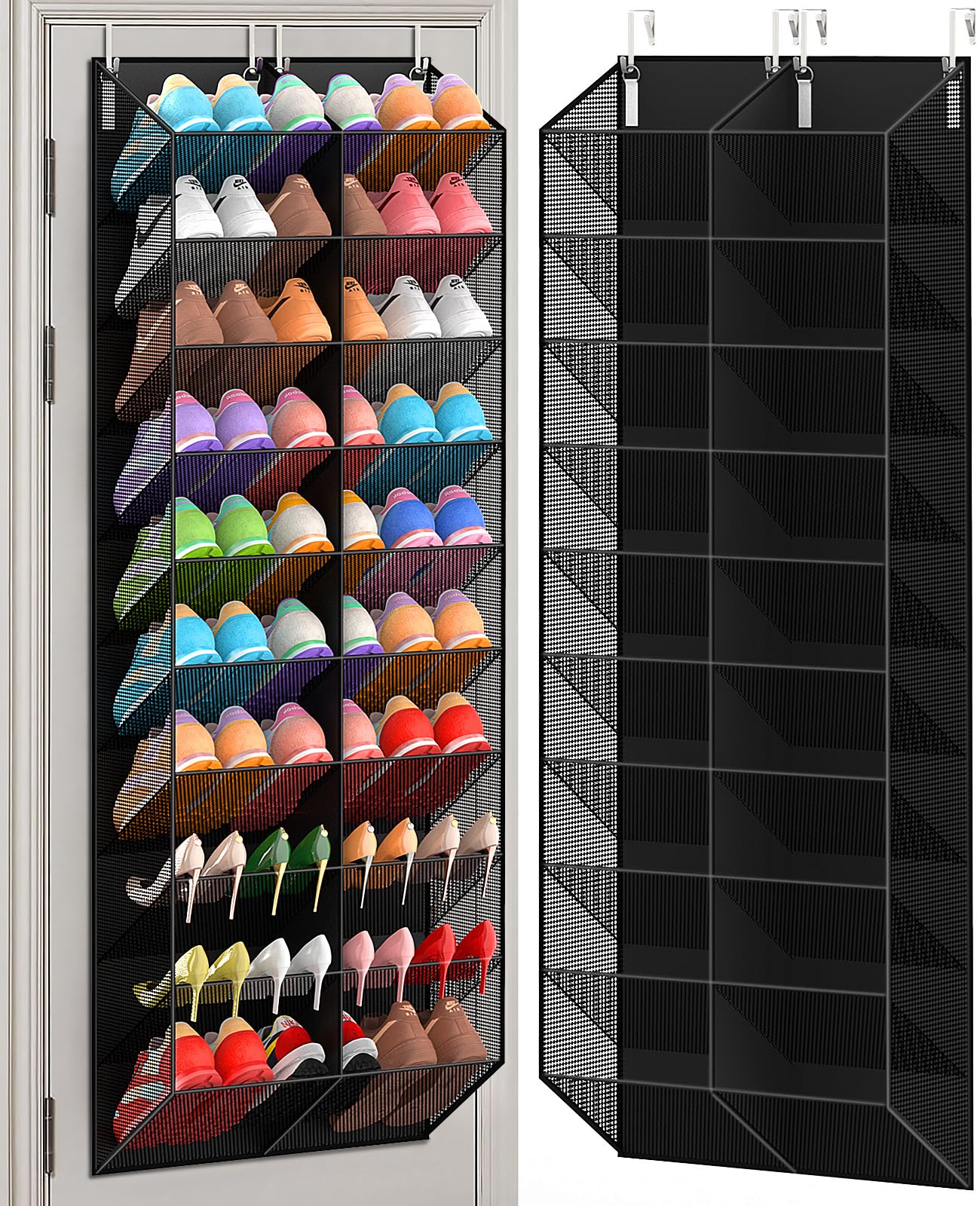 UVIAHOMI 30 Pairs Over the Door Shoe Organizer, Breathable Mesh Pocket Hanging Shoe Storage for Closet, 10-Tier Door Shoes Rack, Handing Shoes Holder Fit All the Family's Sneakers, Boots, Heels, Black