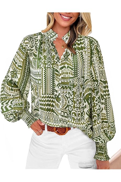 Women's Business Casual V Neck Floral Blouse - Long Sleeve Bohemian Button Down Tops