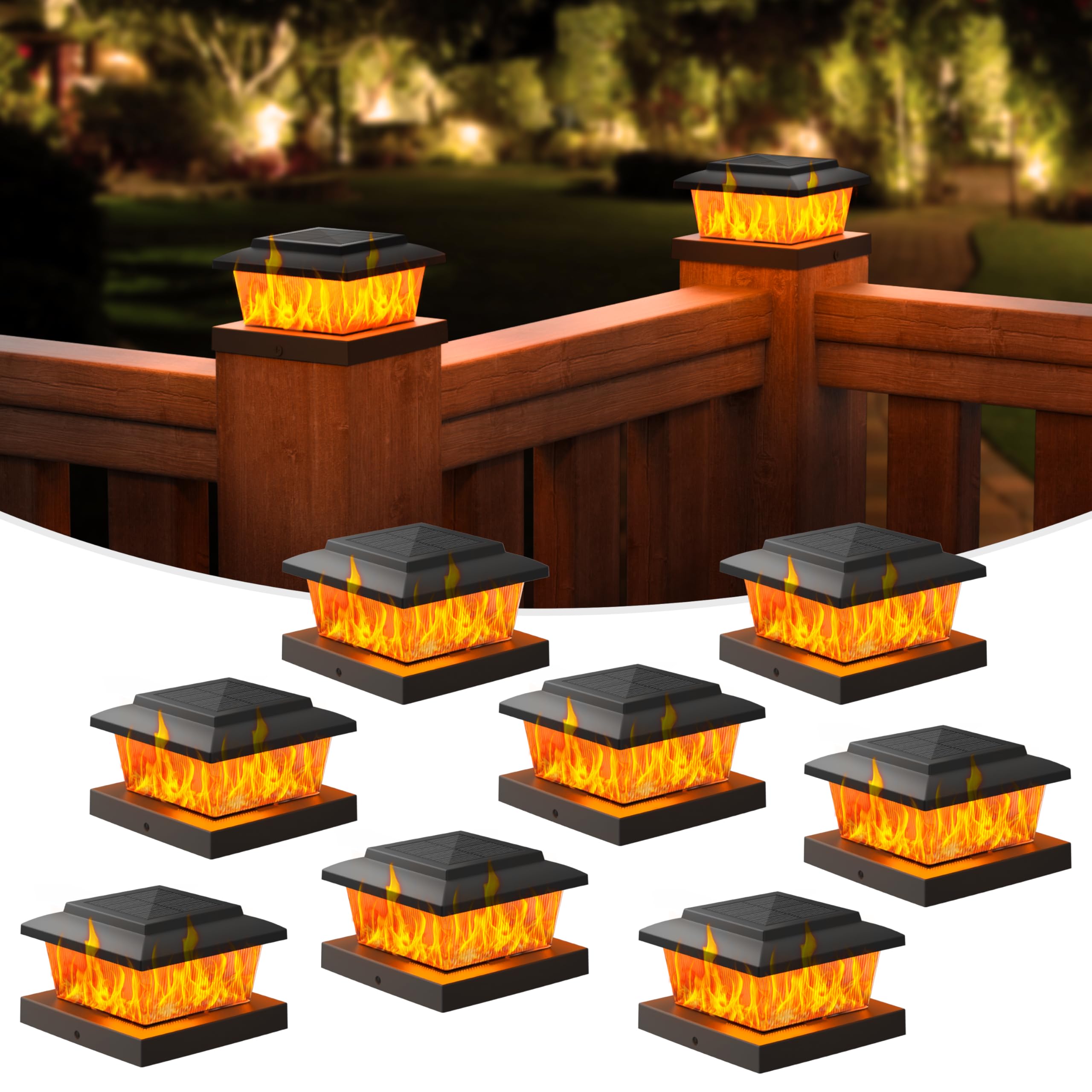 Photo 1 of VOLISUN Solar Fence Post Cap Lights 8pack, Black Solar Deck Cap Flame Light Outdoor Waterproof, High Brightness Flickering Flame SMD LED Lighting, for 4x4 Wooden/4x4 5x5 Vinyl Post