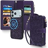 Harryshell 2 in 1 for iPhone 17 Pro Max Wallet Case Magnetic Compatible with Magsafe RFID Blocking Card Holder Detachable Phone Cover Zipper Purse Kickstand Wrist Strap for Men Women Floral Purple