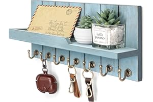 Rebee Vision Decorative Key Holder Wall Mount - Modern Farmhouse Key and Mail Holder for Wall with Shelf and 7 Key Hooks for Mail Organizer - Mid Century Aesthetic Room Decor (Distressed Blue)