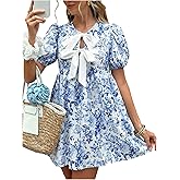 Floerns Women's Bow Puff Sleeve Tie Front Dresses Floral A Line Summer Short Babydoll Dresses