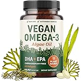 Vegan Omega 3 Algae Oil | Plant Based DHA EPA | Sustainably Sourced, No Carrageenan, Non GMO | Heart, Brain, and Eye Health | Fish Oil Alternative | Algae Omega 3 Supplement | 60 Softgel Capsules