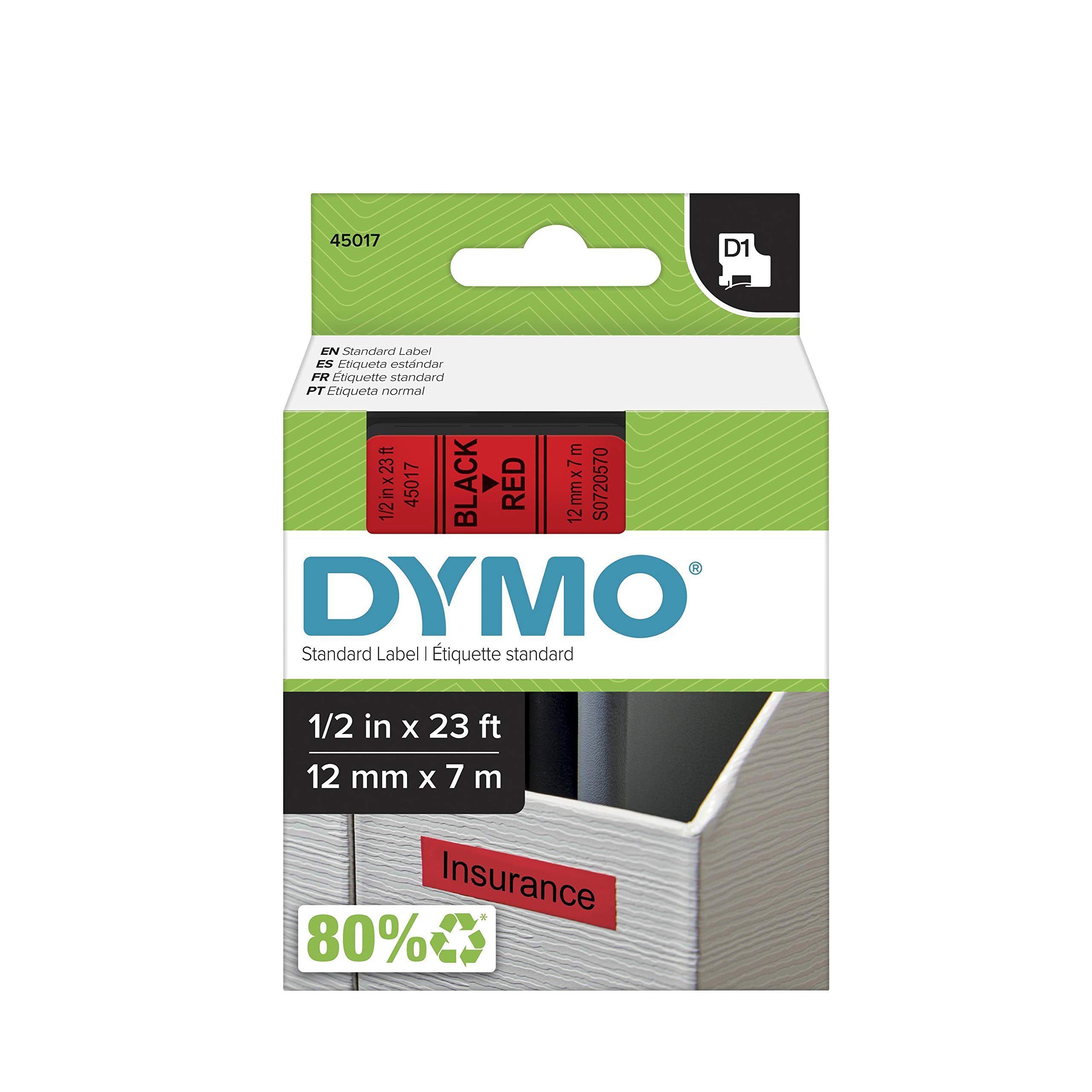Dymo D1 Standard 12mm 12mm x 7m, 45017 (12mm x 7m Black on red,)