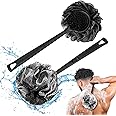 Loofah with Handle & Shower Brush Charcoal 2 Pack- Back Scrubber for Shower for Men & Women, Body Brush Ideal for Exfoliation