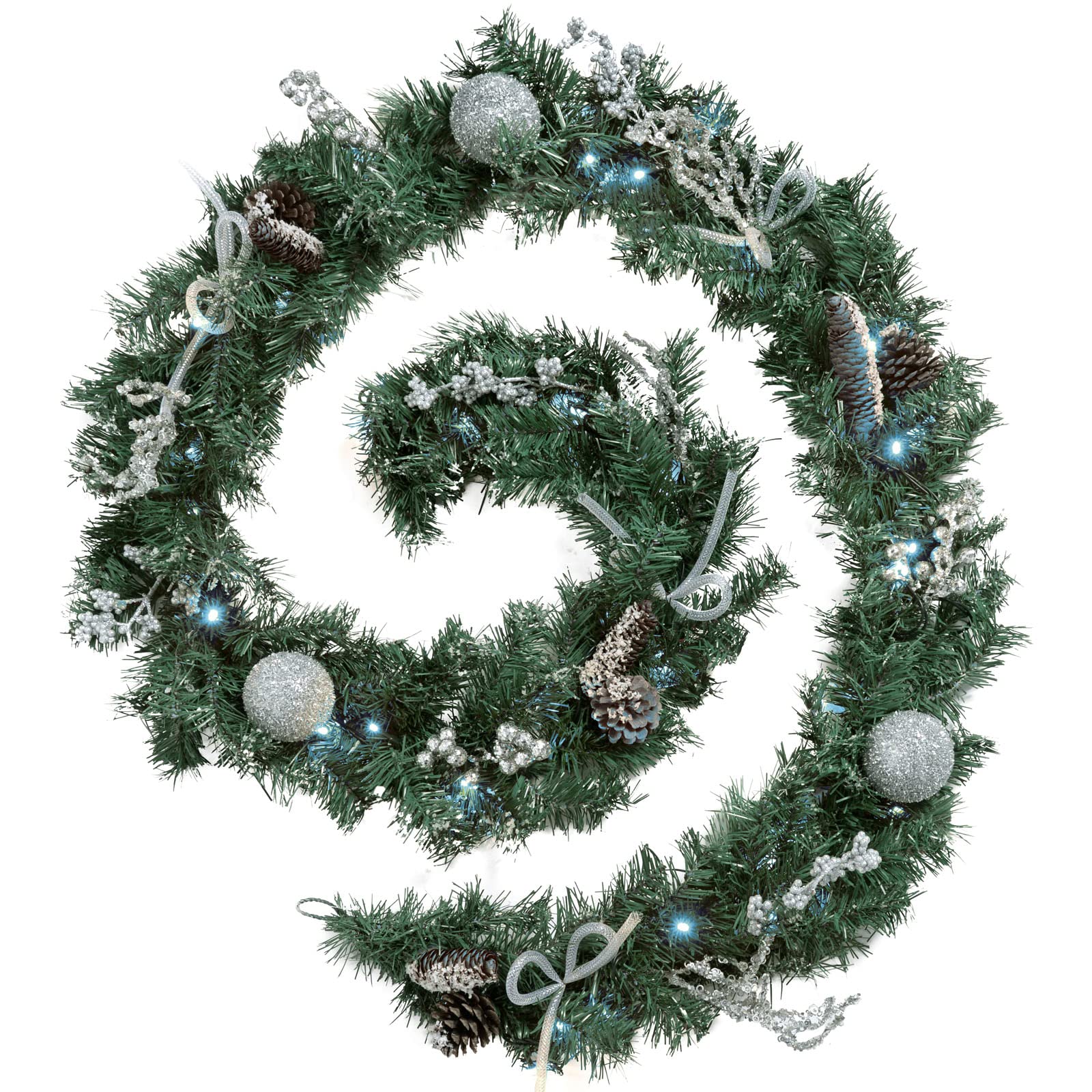 WeRChristmas Pre-Lit Decorated Garland Illuminated with 40 Cold White LED Lights, Silver Ice, 9 feet