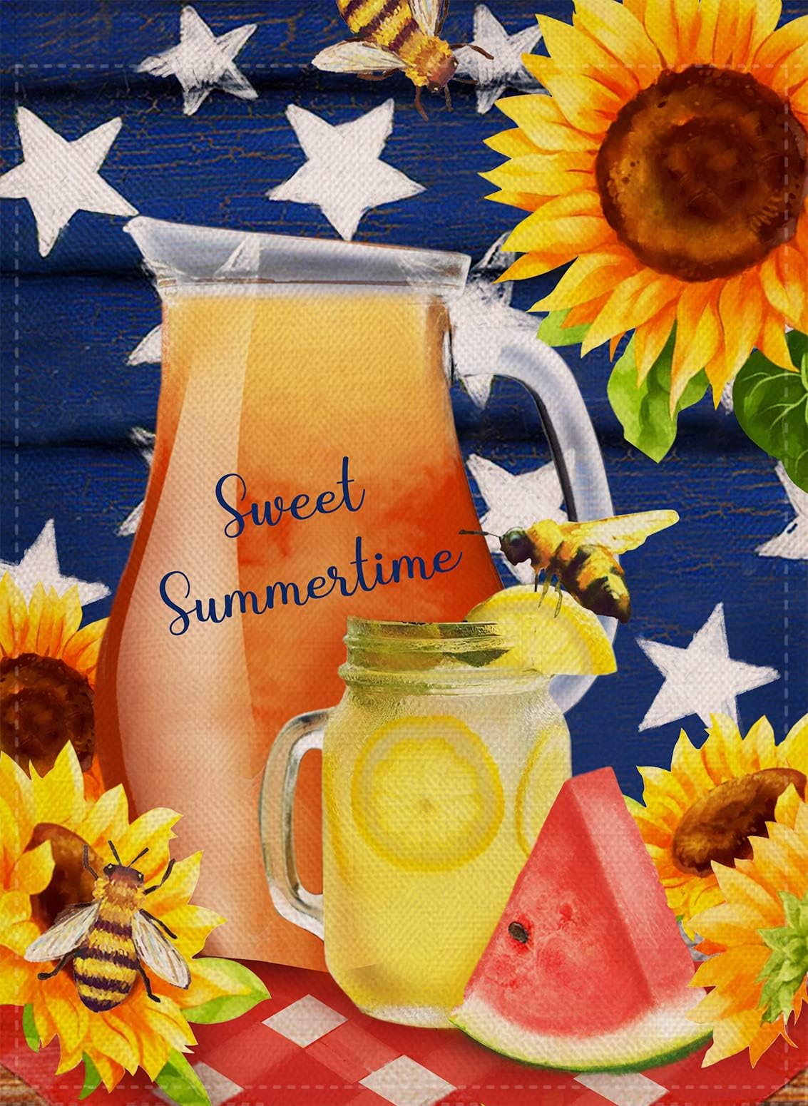 Dyrenson Watermelon Bees Garden Flag Double Sided Sweet Summer, Flower House Yard Flag, Sunflower Star Garden Yard Decorations, Home Decorative Mason Jar Floral Seasonal Outdoor Flag 12 x 18