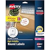 Avery High Visibility Printable Round Labels with Sure Feed, 2.5" Diameter, White, 300 Customizable Blank Labels Total (5294)