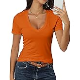 Roselux Women Short Sleeve Deep V Neck Tops Shirts Fitted Cotton Summer Tshirt Tee