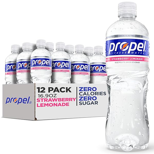 PROPEL, STRAWBERRY LEMONADE, ZERO CALORIE SPORTS DRINKING WATER WITH ELECTROLYTES AND VITAMINS C&E, 16.9 FL OZ (PACK OF 12)