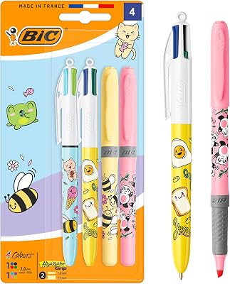 4 Colours Decors Kawaii-Reihe Druck-Kugelschreiber mit mittlerer Spitze (1,0 mm) in lustigen Titenfarben + BIC Highlighter Grip Decors mit Keilspitze – verschiedene Kawaii-Designs, Packung à 2+2