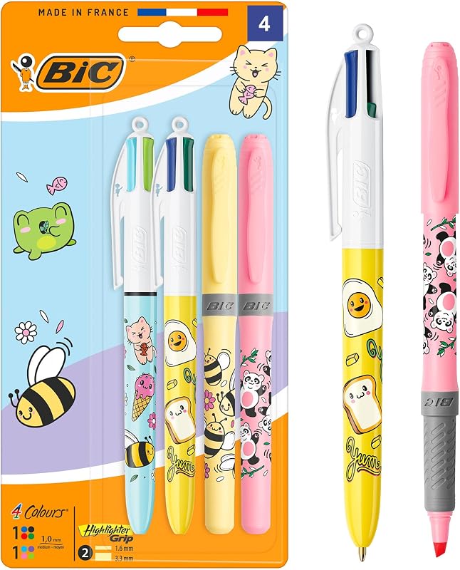 4 Colours Decors Kawaii-Reihe Druck-Kugelschreiber mit mittlerer Spitze (1,0 mm) in lustigen Titenfarben + BIC Highlighter Grip Decors mit Keilspitze – verschiedene Kawaii-Designs, Packung à 2+2