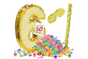 HOMEIFY Gold Foil Number Pinata for Birthday Party for Girls & Boys with Gold Blindfold and Stick, Prefilled with Assorted Party Favors 50 Pcs, Birthday Party Decorations (6)