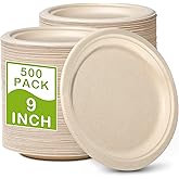 GREENESAGE 500 Pack Paper Plates 9 inch Bulk, 100% Compostable Disposable Plates Eco Friendly Recycled Heavy Duty, Brown