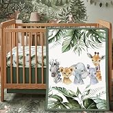 Hahafelt 3 Pcs Safari Animals Baby Crib Bedding Set for Boy Girl | Includes Quilt, Fitted Sheet, Skirt, Green Tropical Jungle Nursery Bedding for Standard Infant Bed with Elephant Zebra Lion