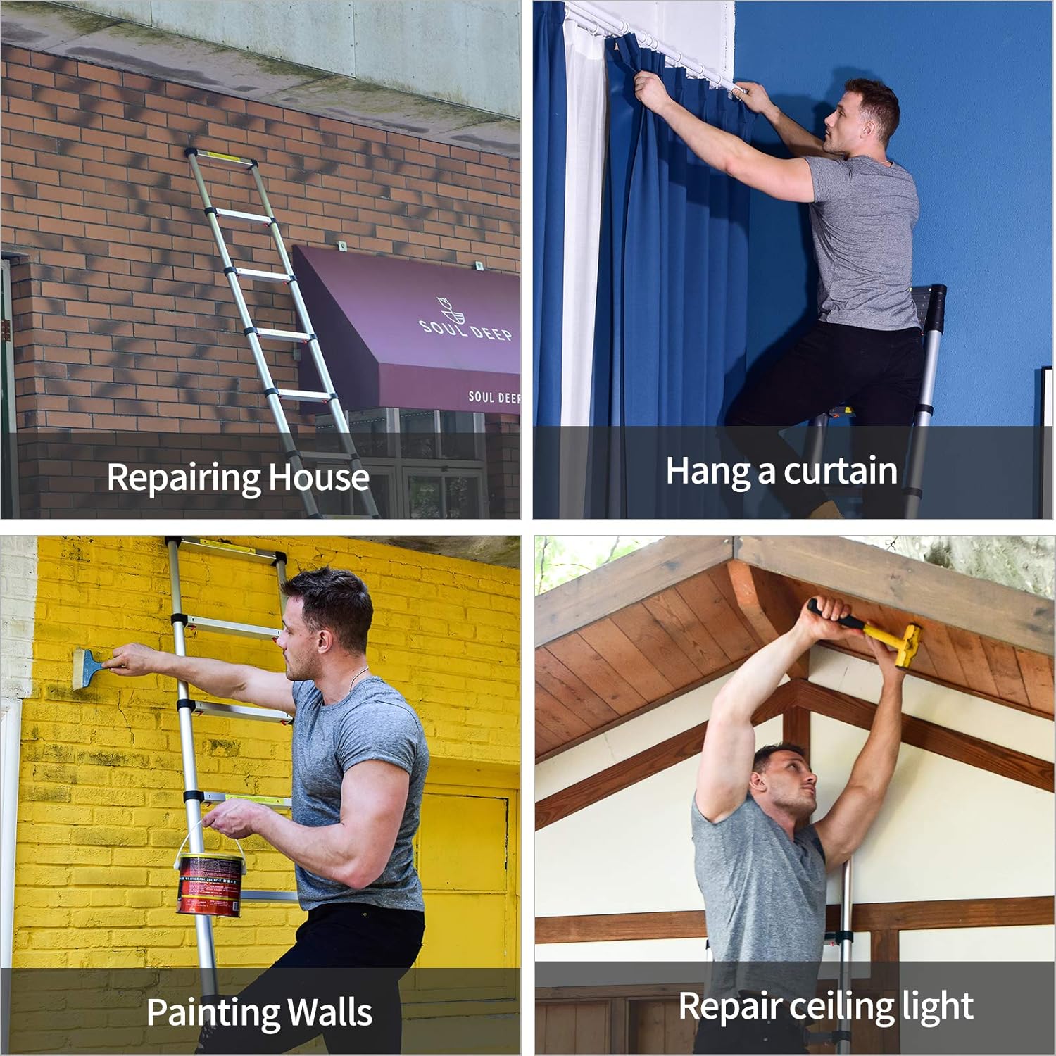Telescoping Extension Ladder 12.5FT, Newly Aluminum Telescopic Ladder with Slow Down Design for Commercial or Home Use - - 