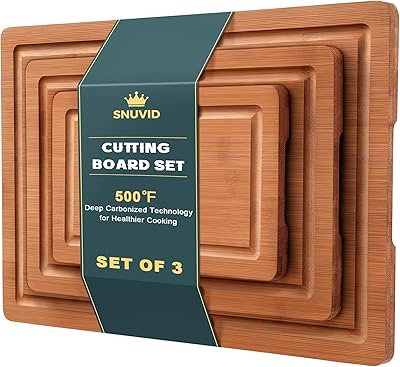 Snuvid Bamboo Cutting Board Set of 3, Wood Cutting Boards for Kitchen with Juice Grooves, Durable Chopping Board for Meat, Vegetables & Meal Prep