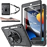 Stweap Case for iPad 9th/8th/7th Generation-Built-in Screen Protector,with Pencil Holder&360°Rotating Hand Strap,Shoulder Strap,Case for iPad 10.2 inch 2021-2019(Black)
