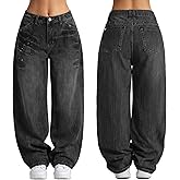 EMMIOL 2026 Women’s Mid High Waisted Wide Leg Jeans Rivet Y2K Baggy Jeans Trendy Loose Straight Denim Pants with Pockets