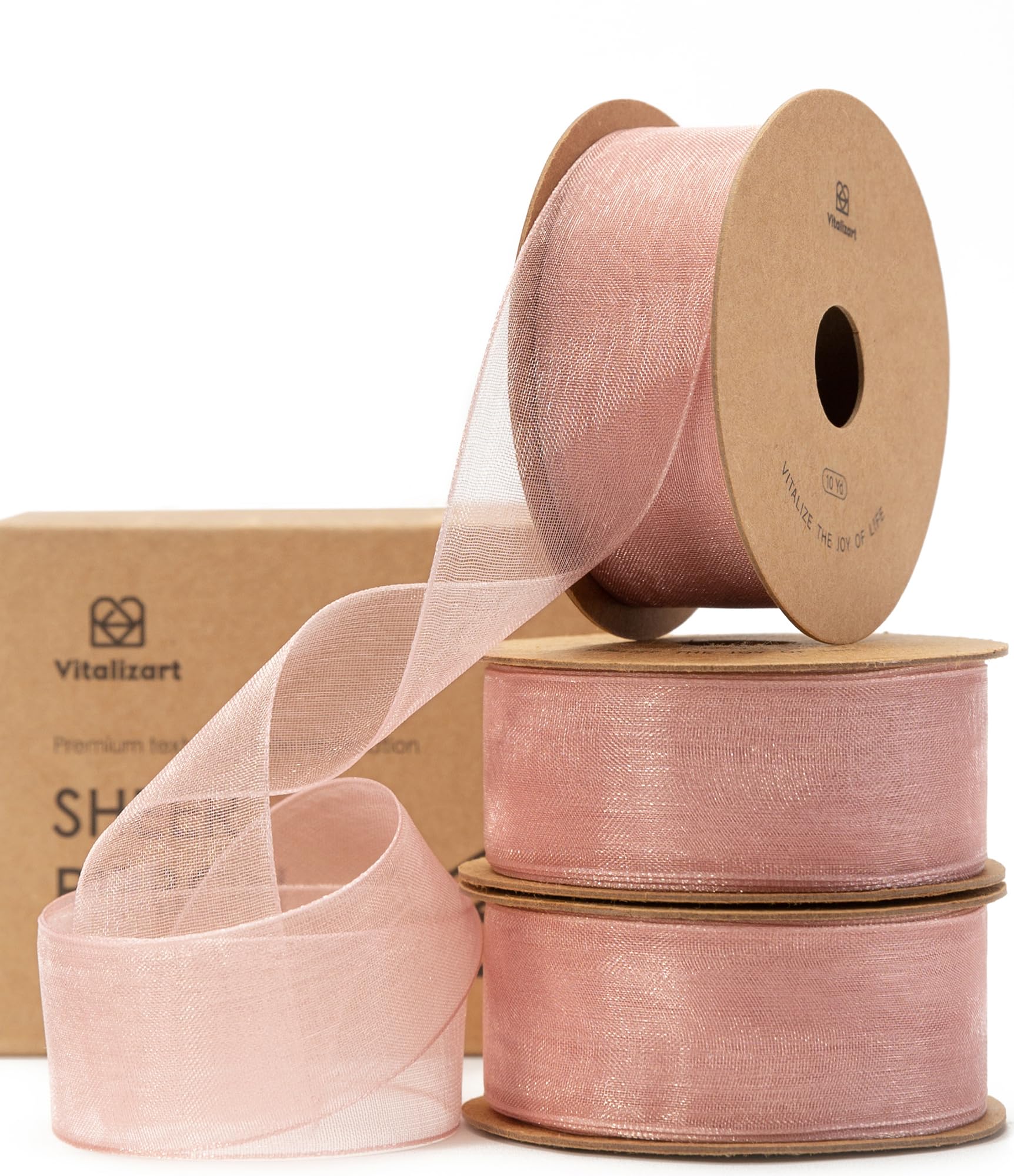 Photo 1 of Vitalizart Rose Gold Ribbon Organza Sheer Ribbon 1 inch x 30Yd Handmade Fabric Light Pink Ribbons for Gift Wrapping Christmas Tree Crafts Bows Wedding Invitations Wreaths Wrap