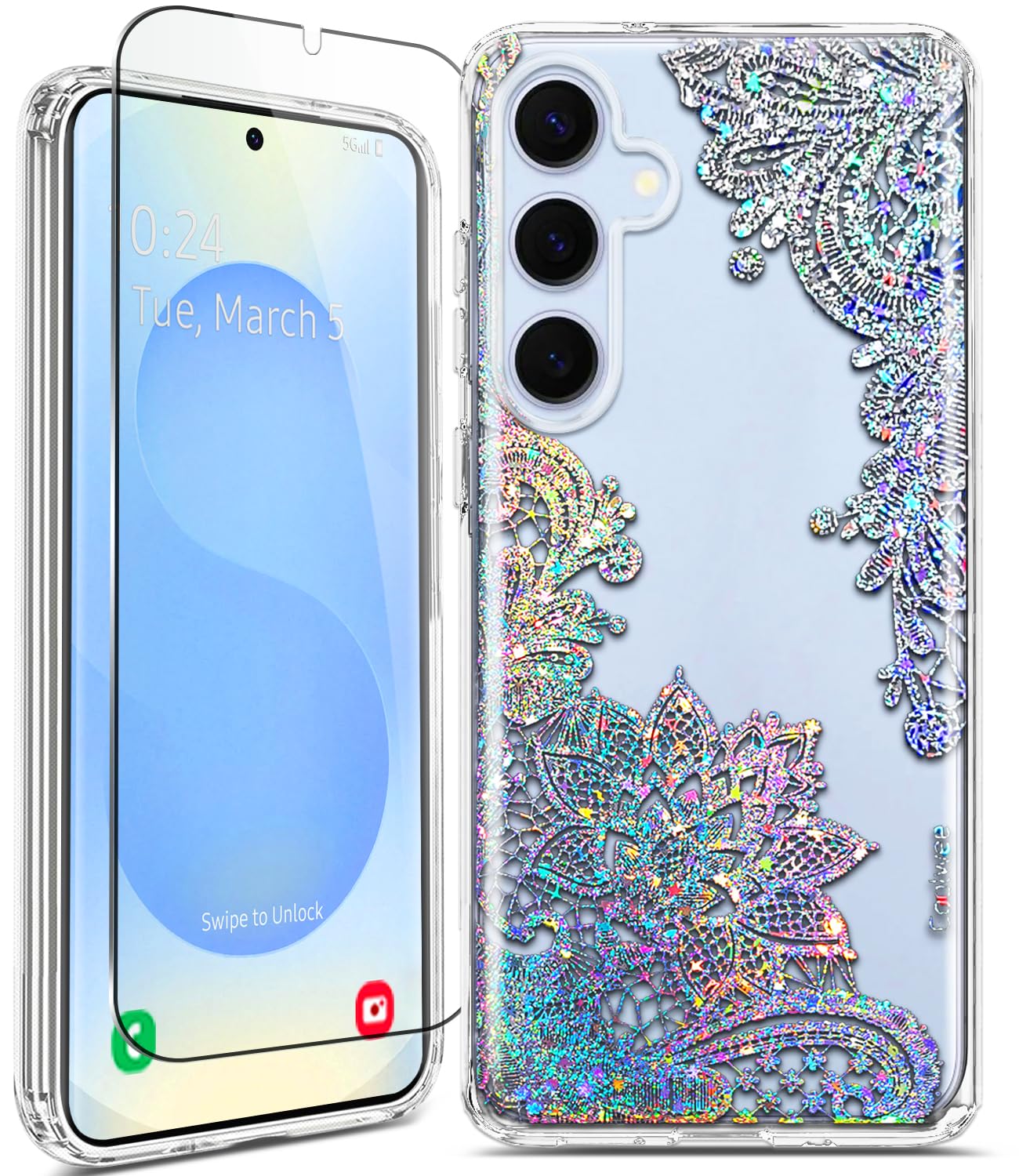 Coolwee Clear Glitter for Samsung Galaxy S25 FE Case 6.7 inch, Shockproof Thin Flower Slim Cute Crystal Lace Bling Women Hard Back Soft TPU Bumper Protective for Samsung S25 FE Mandala Henna