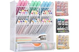 Spacrea Pen Holder Desk Organizer - Desk Organizers and Accessories, Pencil Holder with 10 Compartments and 1 Drawer（White）