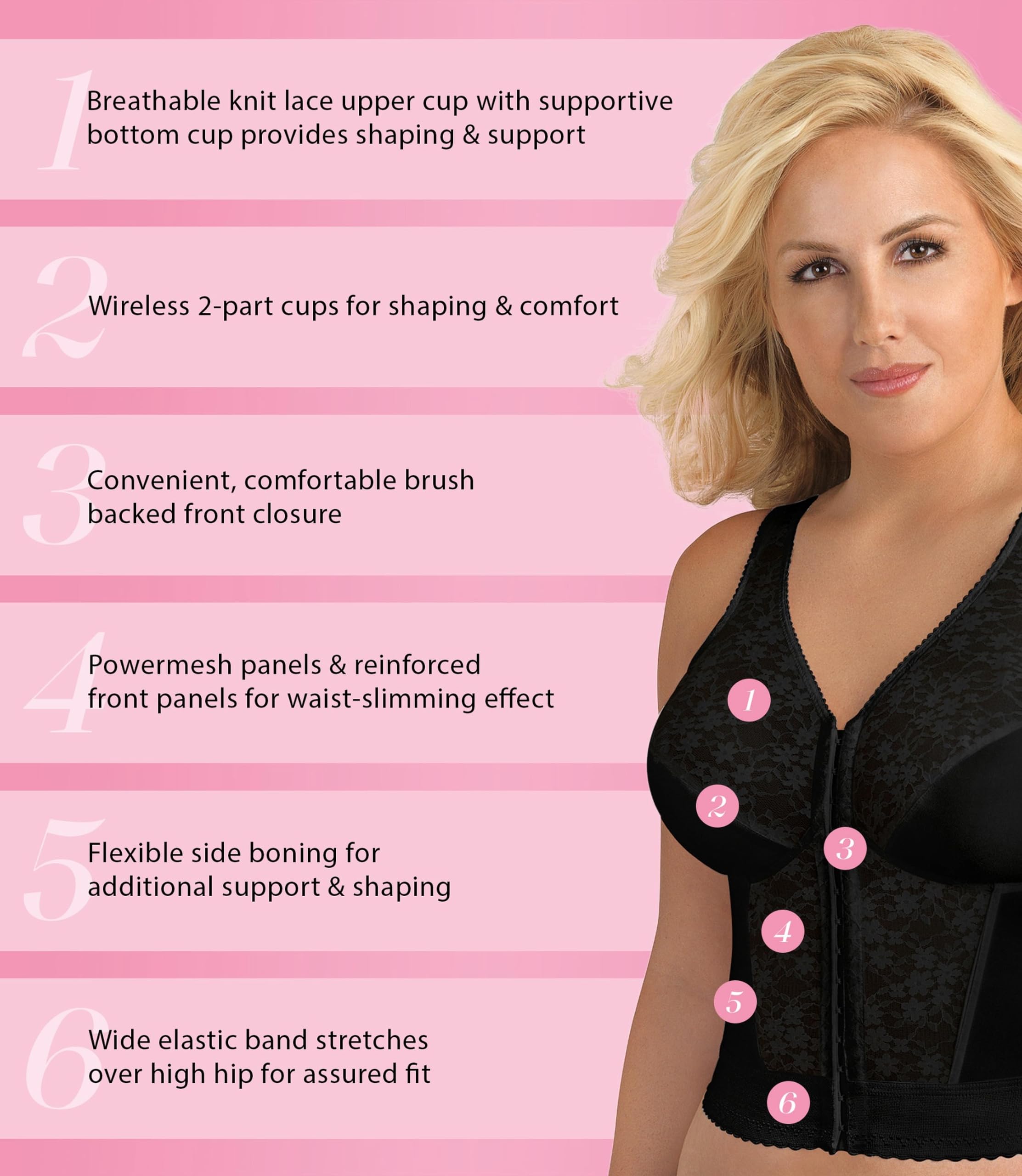 Exquisite Form 5107565 Fully Slimming Wireless Back & Posture Support Longline Bra with Front Closure & Lace
