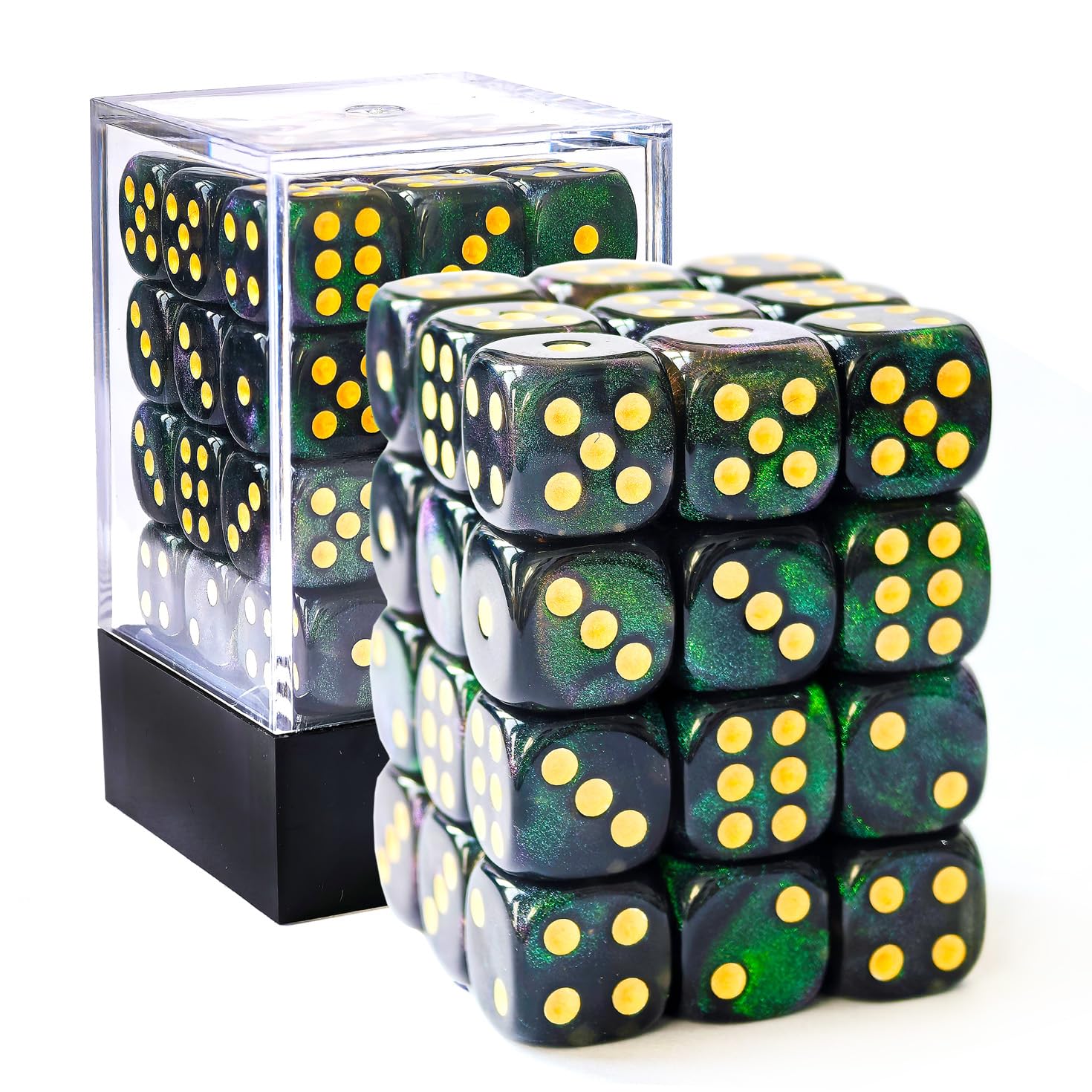 BESCON DICE Moonstone 12mm 6 Sided Dice, 36 in Brick Box, Pearl Dark Green Dice With Green Shimmery