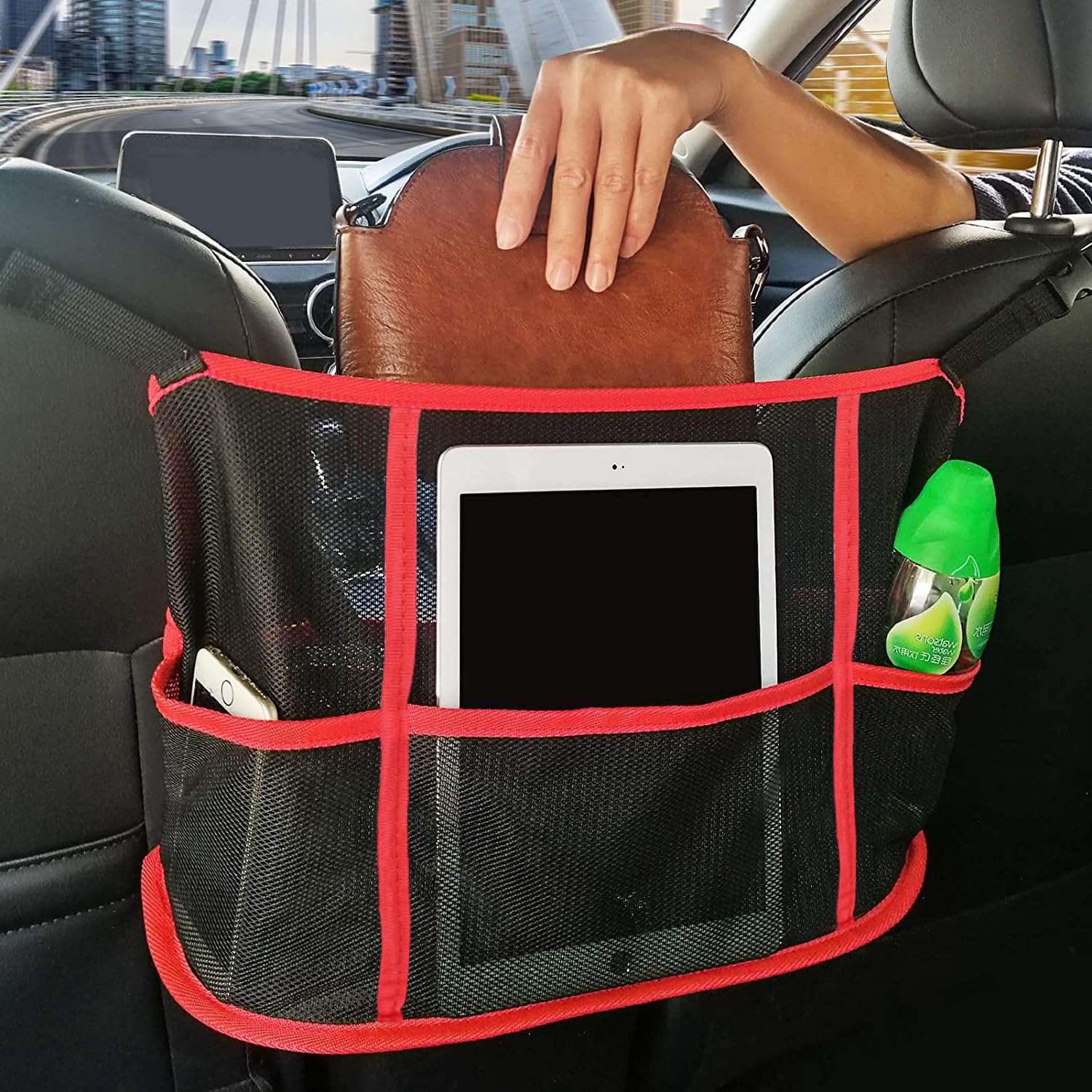 Unifizz Car Organizer, Minimalist Red Mesh Storage Bag for Handbags, Purses, Phones, Documents, Barrier for Kids and Pets