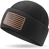 OUTDOOR SHAPING Grid Fleece Cuffed Beanie with American Flag Embroidery Leather, Waffle Tactical Army Police Skull Cap