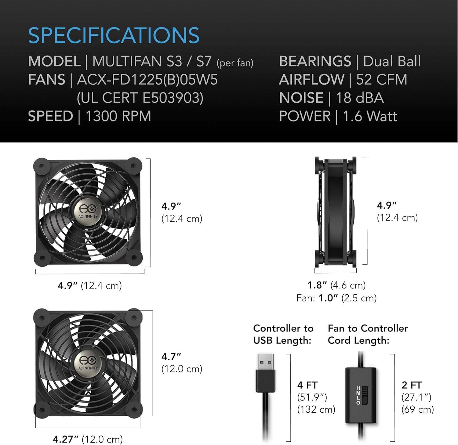 AC Infinity MULTIFAN S7, Quiet Dual 120mm USB Fan, UL-Certified for Receiver DVR Playstation Xbox Computer Cabinet Cooling: Computers & Accessories