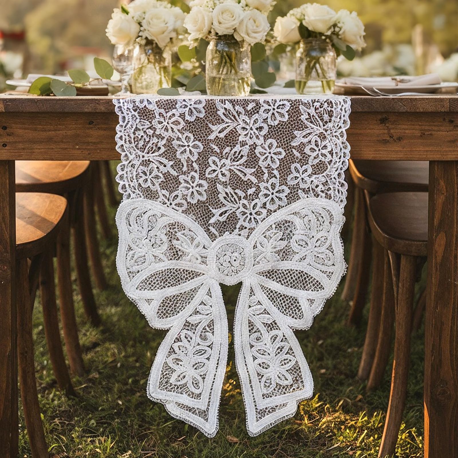 Photo 1 of * has a minor stain *
TIESOME White Polyester Lace Table Runner, Vintage Macrame Embroidered Design with Bow Ends for Wedding Dining Table Home Decor (12 x 71 Inch)
