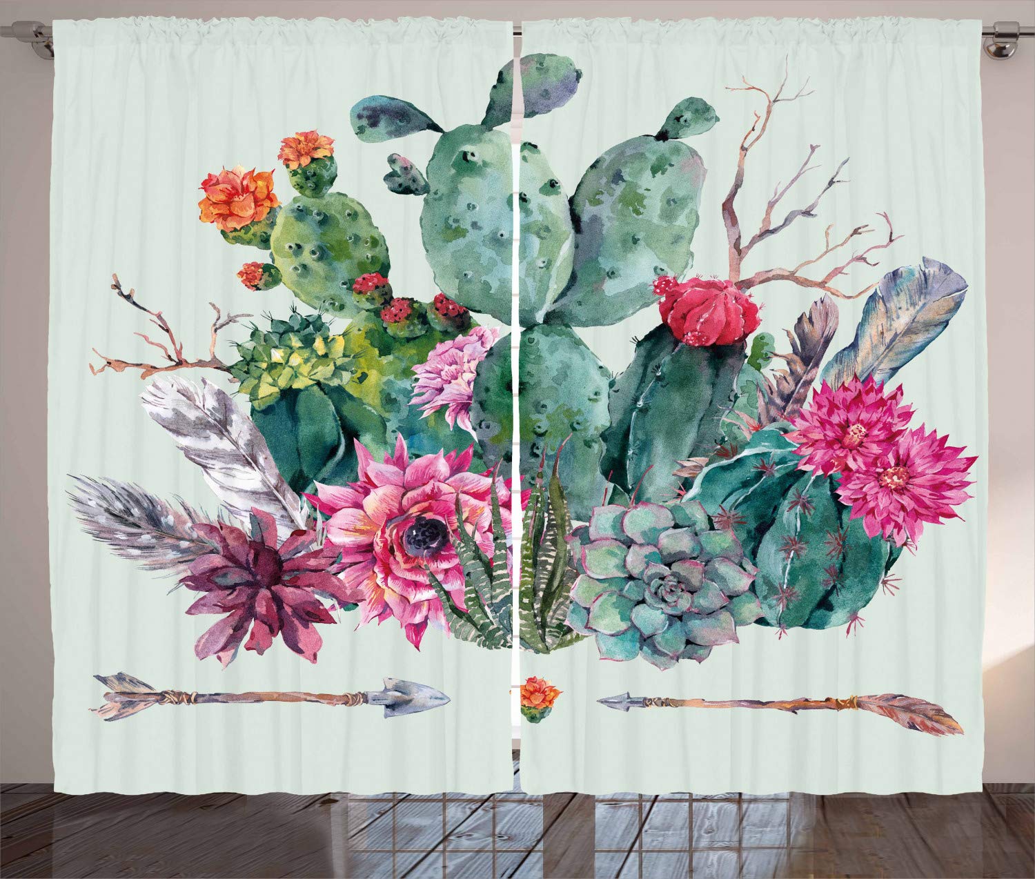 ABAKUHAUS Cactus Curtains, Spring Garden Boho Style Bouquet of Thorny Plants Blossoms Arrows Feathers, Living Room Bedroom Window Drapes 2 Panel Set, 280 x 175 cm, Magenta Green