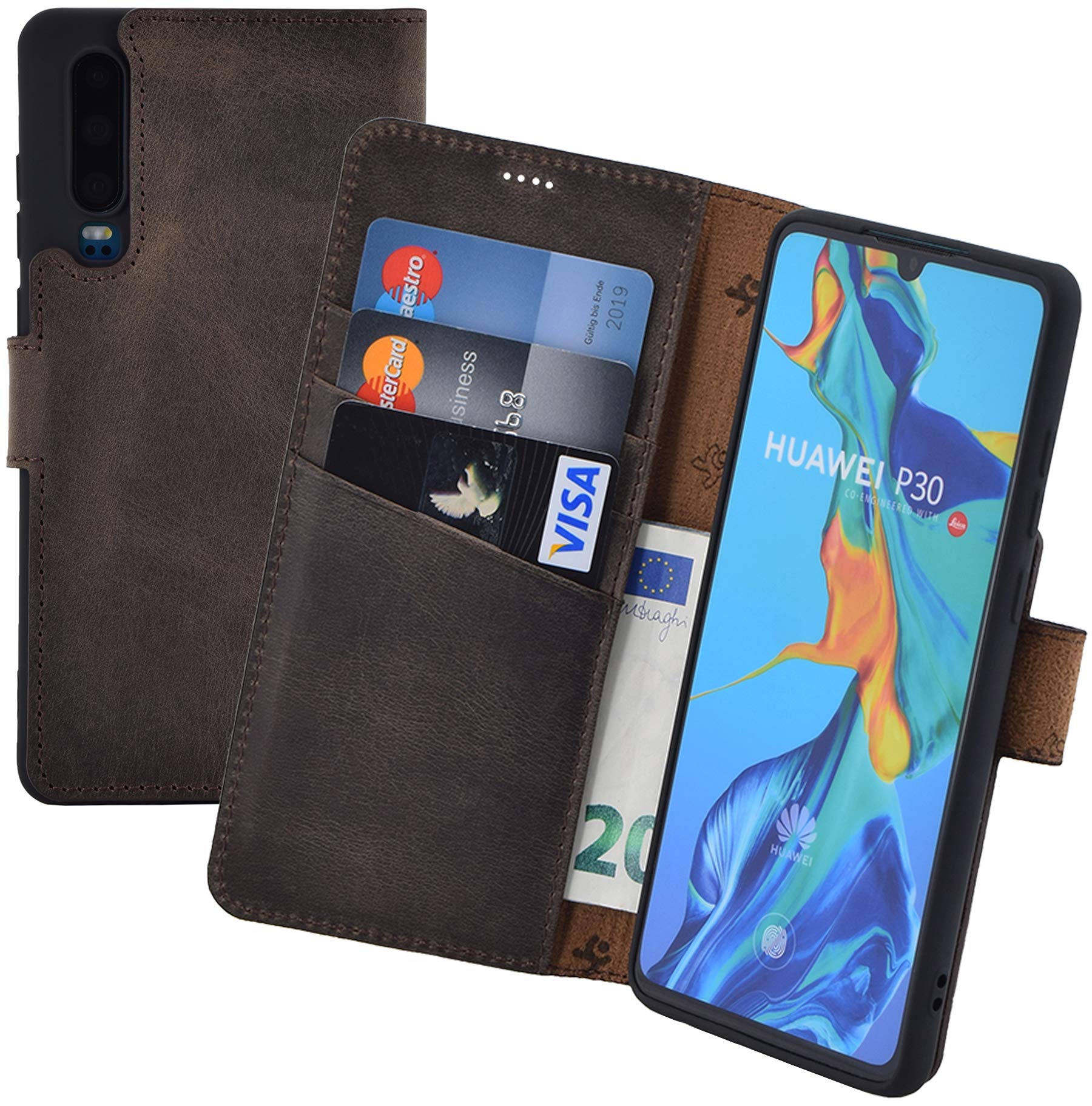 Suncase Book-Style Case Compatible with Huawei P30 Slim Fit Leather Mobile Phone Case with Stand Function and Card Compartment - Shatterproof Inner Shell in Antique Brown