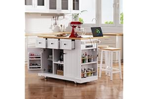 Amposei Kitchen Storage Island on Wheels with 2 Bar Stools, Rolling Drop Leaf Kitchen Island Cart with Power Outlet, Open Side Racks, Door Shelves and Towel Bar, 53-Inch, White