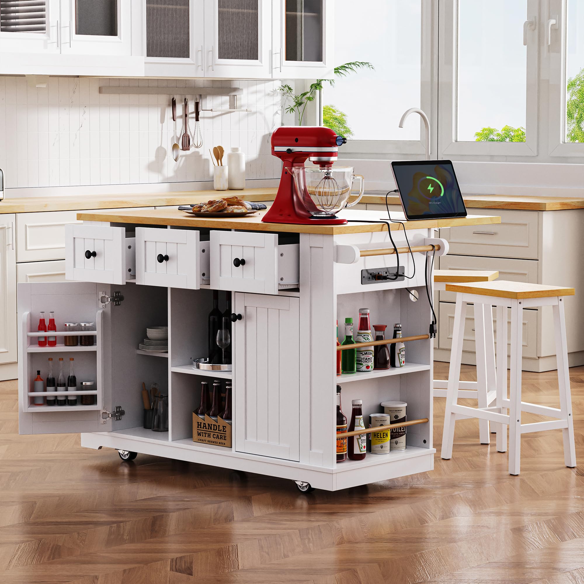 Photo 1 of ***FINAL SALE/NO RETURN, VIEW NOTES*** Merax 53" Kitchen Cart Island on Wheels with Power Outlet,Drop Leaf,3 Drawers and 5 Open Side Racks,Wood Storage Cabinet