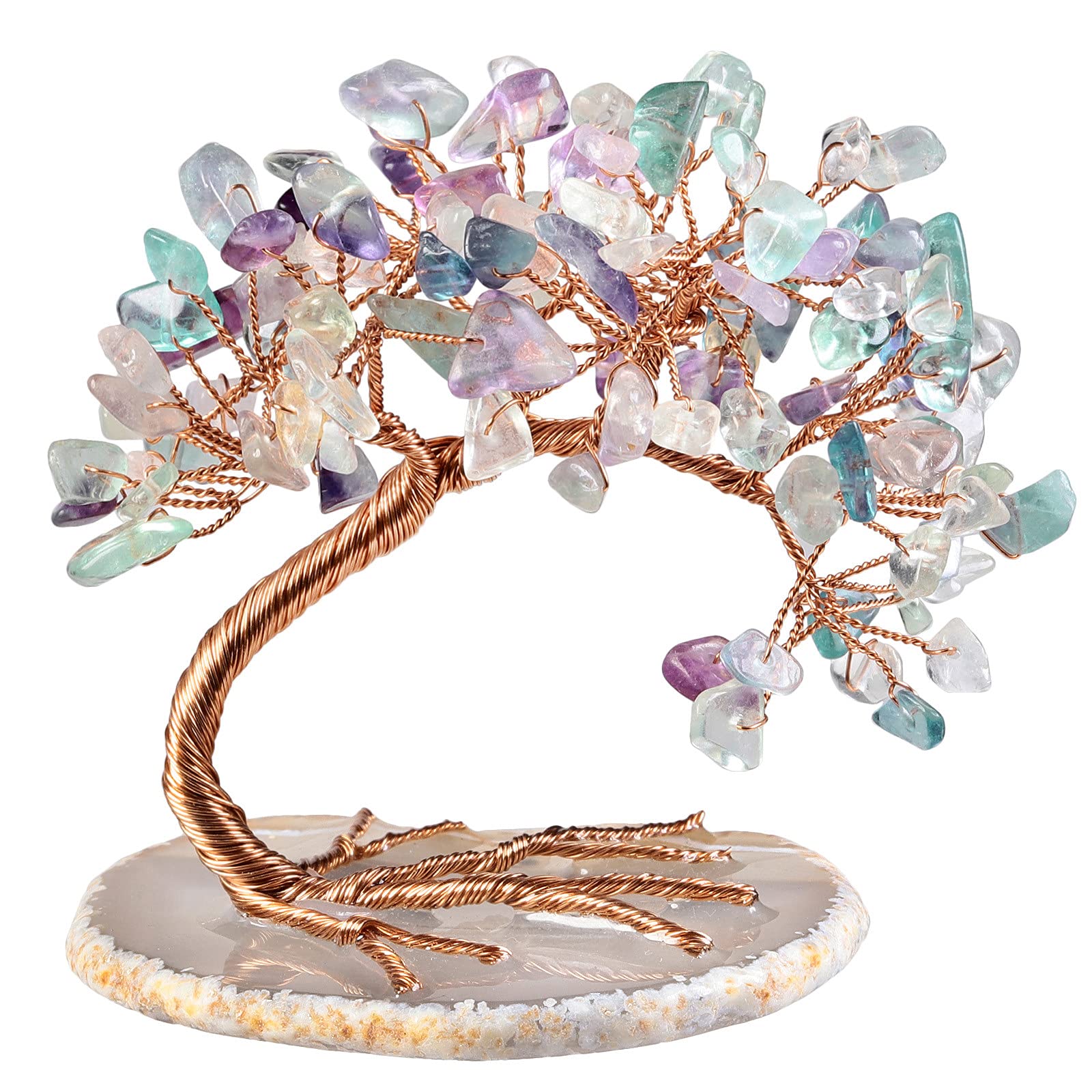 Nupuyai Fluorite Tree with Agate Slice Base, Money Tree Figurines Fengshui Ornament for Home Office Wedding Decoration