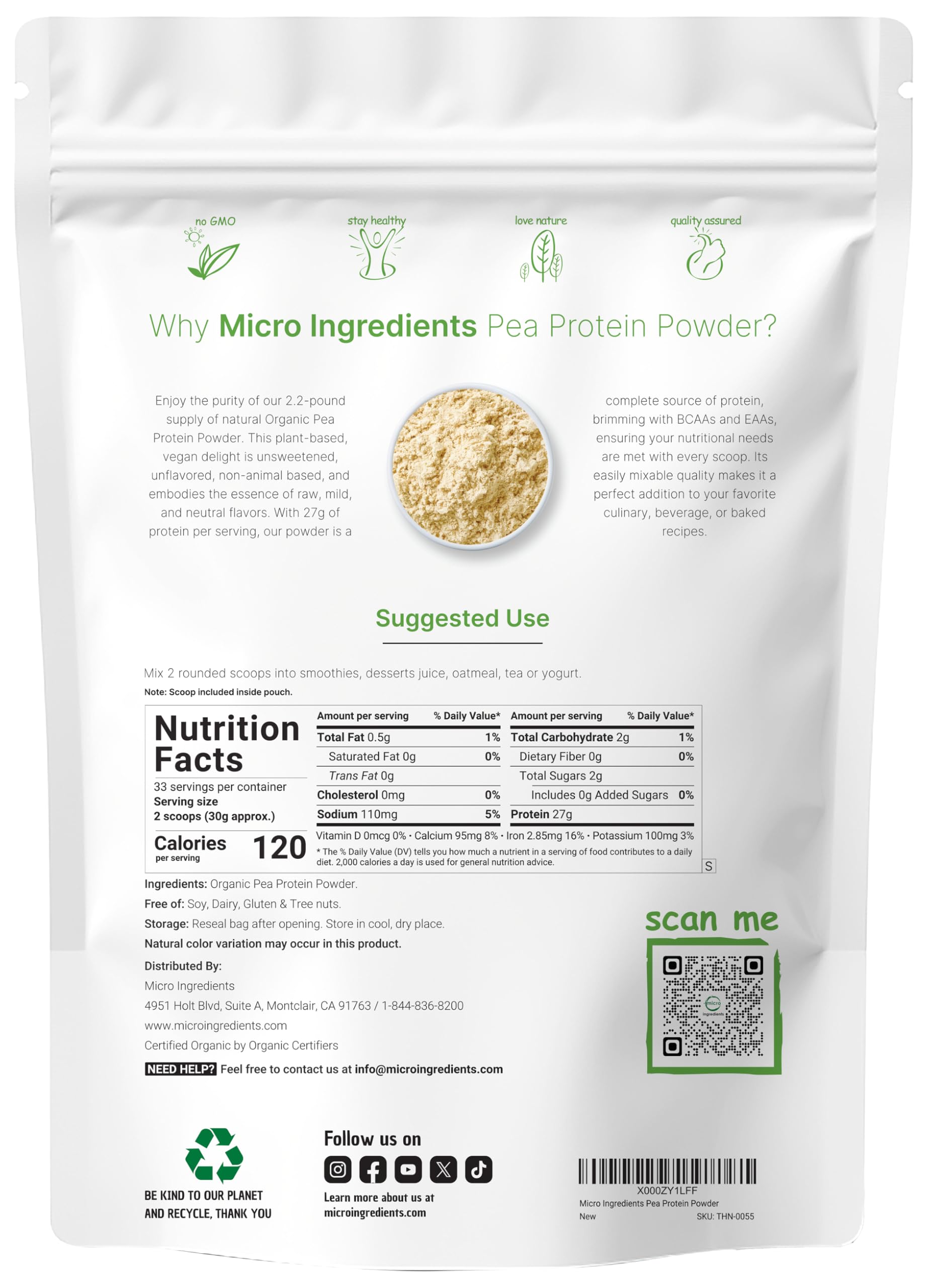 Micro Ingredients North America Grown, Organic Pea Protein Powder, 1KG (2.2 Pounds) | Plant-Based Vegan Protein, Meatless Protein Supplement, Rich in Branched Chain Amino Acids | Non-GMO, Soy Free