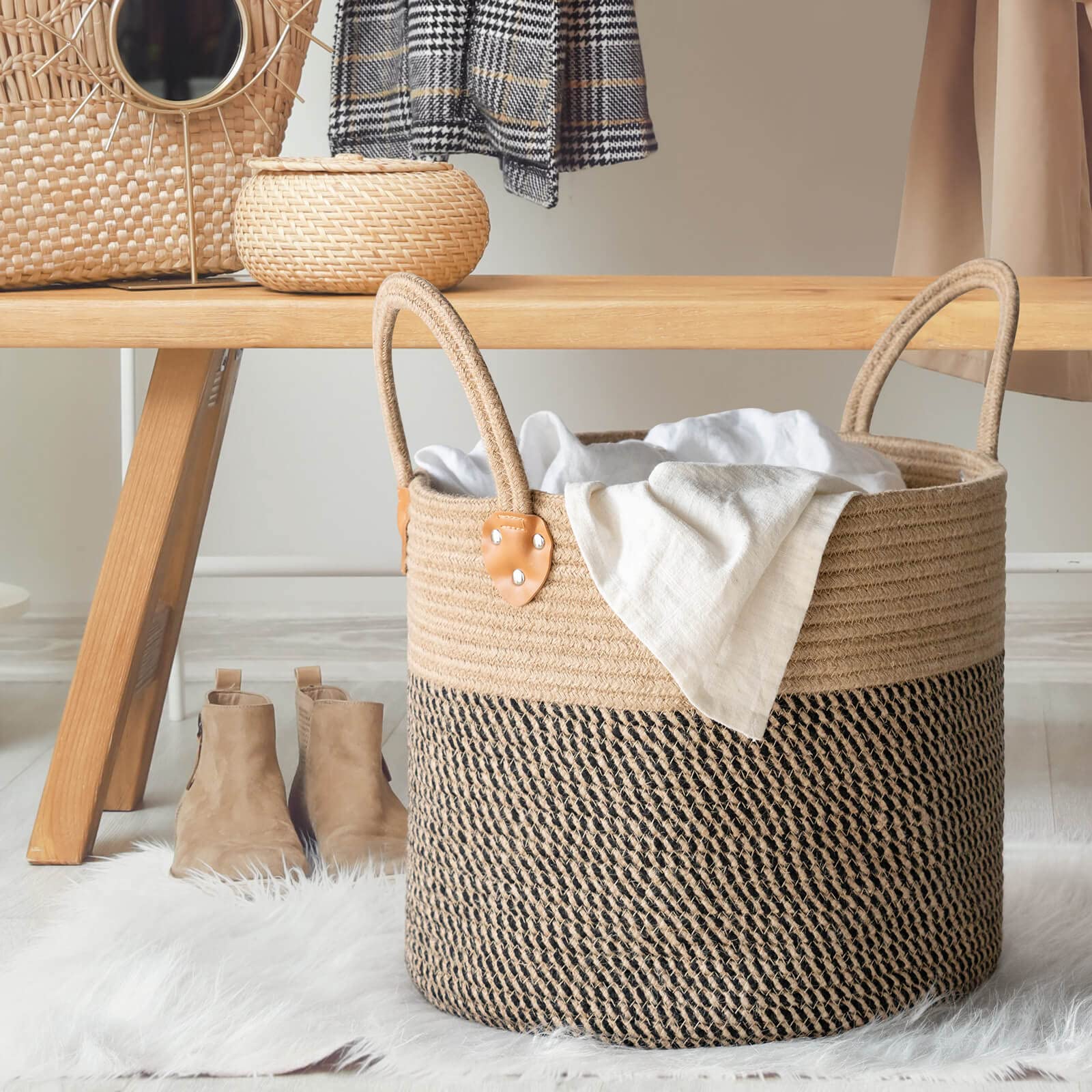 CHICVITA Wicker Laundry Basket With Handles, Storage Baskets for Decor, Rope Basket for Blankets, Toys, Clothes, Shoes, Plant Basket for Living Room, 14