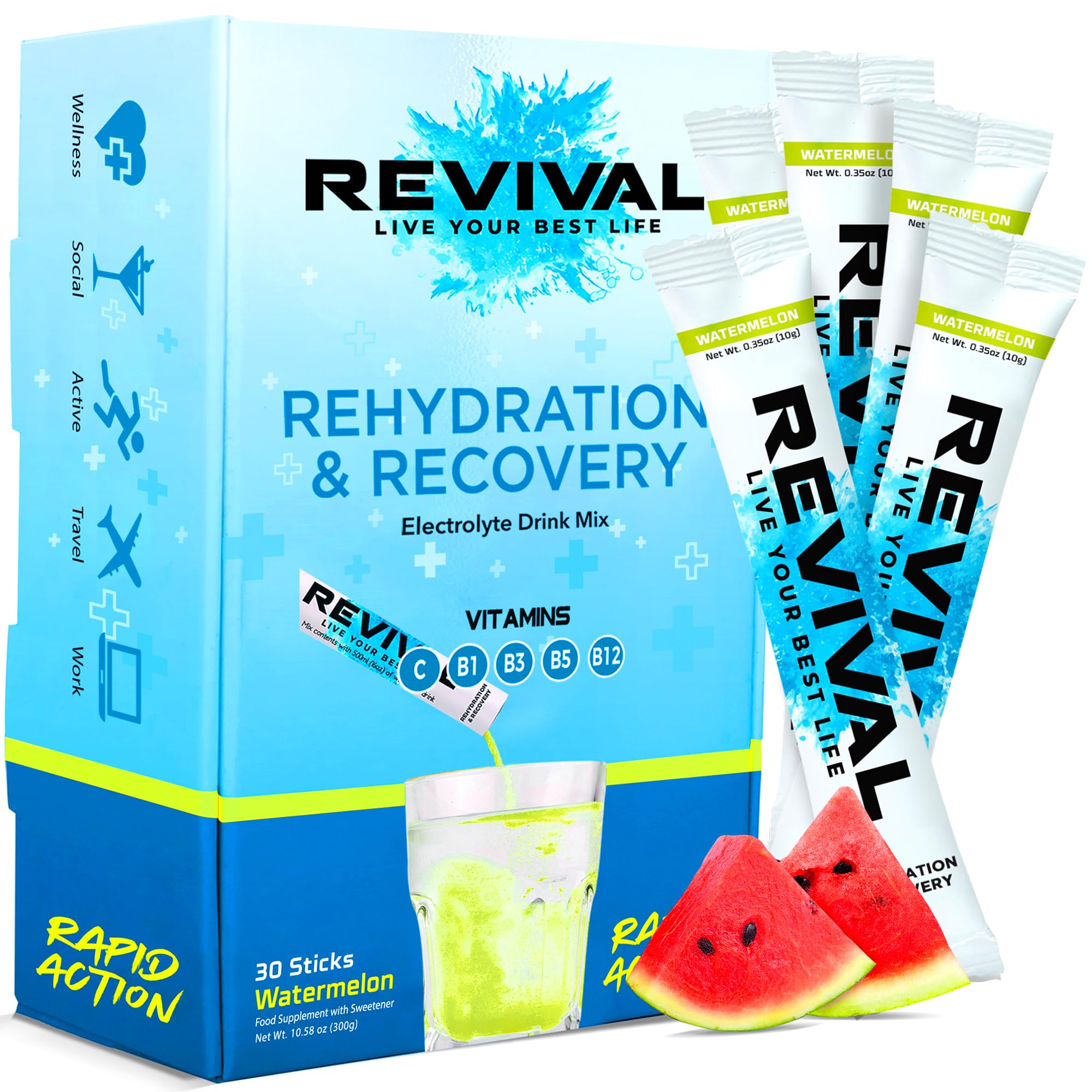Revival Rapid Rehydration Electrolytes Powder - High Strength Vitamin C, B1, B3, B5, B12 Supplement Sachet Drink, Effervescent Electrolyte Hydration Tablets 30 Pack Watermelon Flavours
