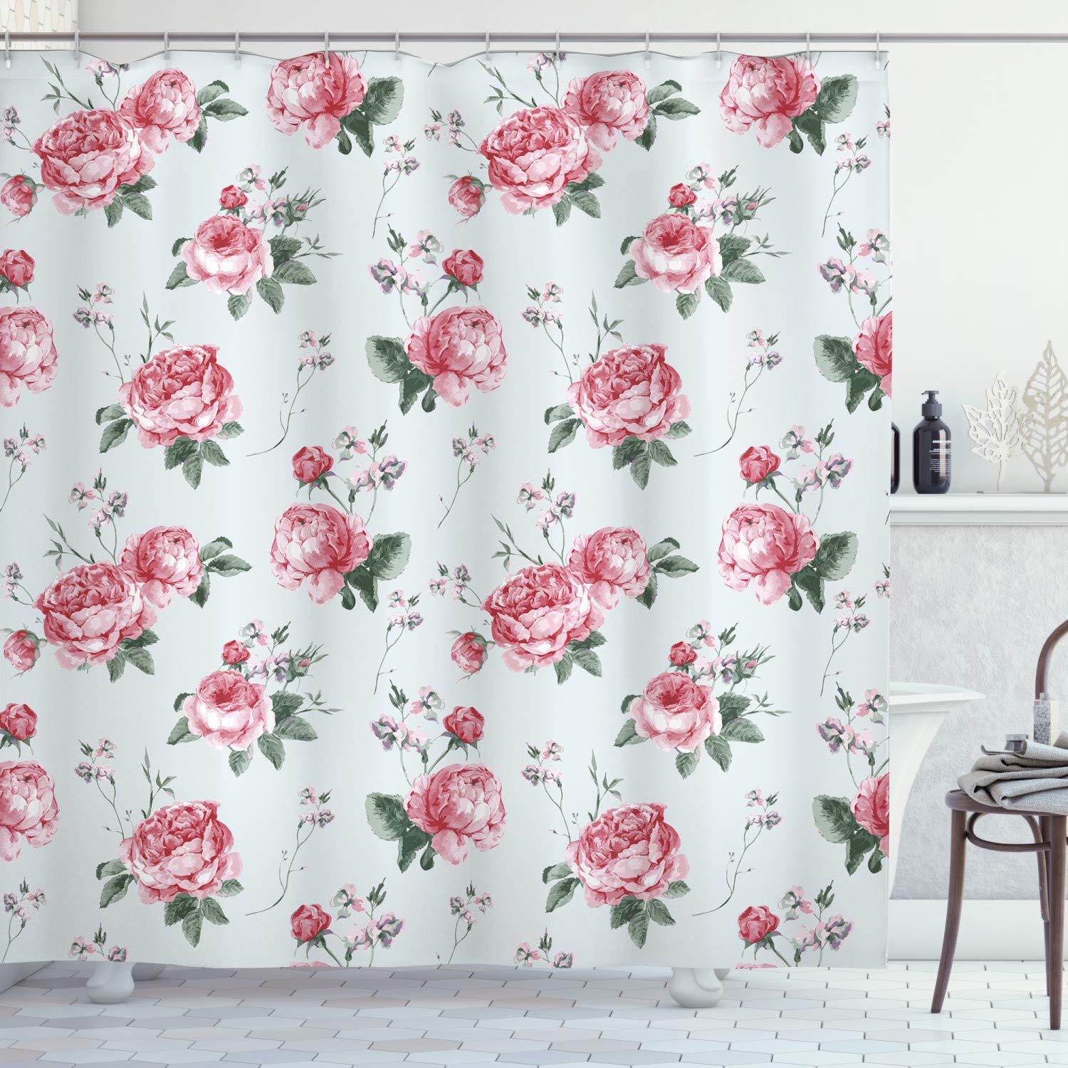 ABAKUHAUS Rose Shower Curtain, Blooming English Rose Watercolor Painting Style Garden Shabby Form Wild Flowers, Cloth Fabric Bathroom Decor Set with Hooks, 86 Inches Extra Long, Reseda Green Pink