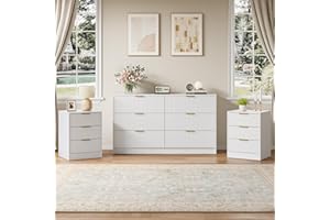 NOVAMAISON 55" Long Dresser and Nightstand Set 3-Piece, 6 Drawer Dressers & Night Stand Set of 2 with Metal Handle, Fluted Modern Wood Chest of Drawers Storage Dressers Set for Bedroom, White