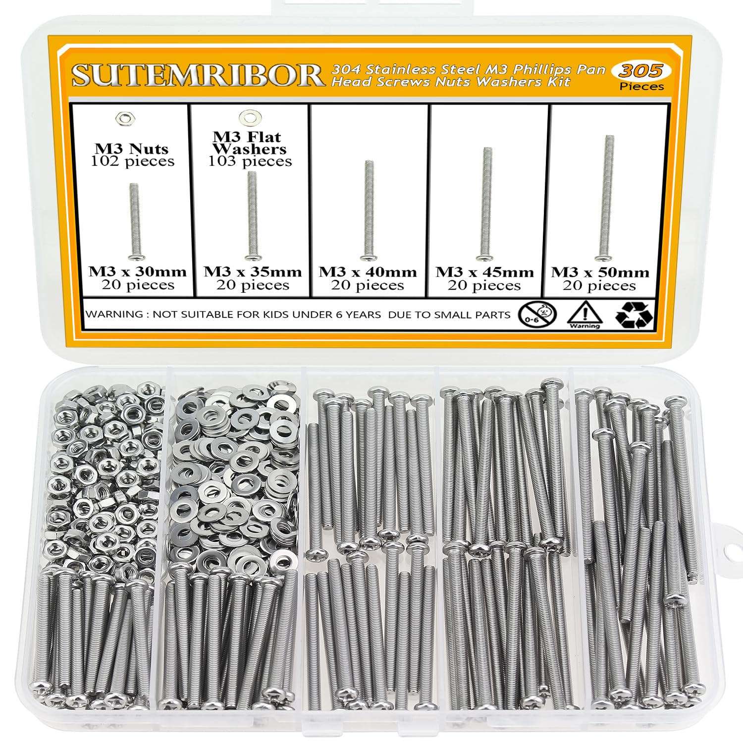 Photo 1 of 305 Pieces M3 x 30/35/40/45/50mm Machine Screws Nuts Washers Set, Sutemribor M3 Long Screws, M3 Phillips Pan Head Machine Screws Nuts Washers Assortment Kit, 304 Stainless Steel, Fully Threaded