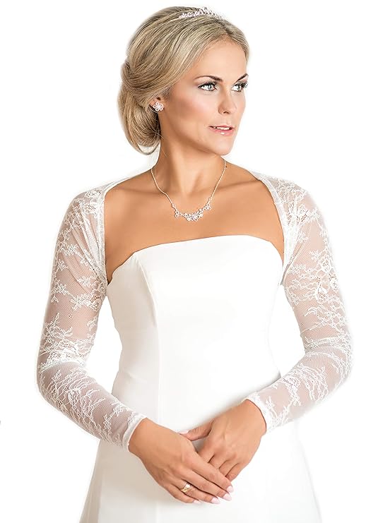 Unbekannt Spitzenbolero Cape Langarm Poncho Spitzenjacke Bolero Stola Brautjacke Ivory Creme Jacke Brautbolero Spitzenjächcke
