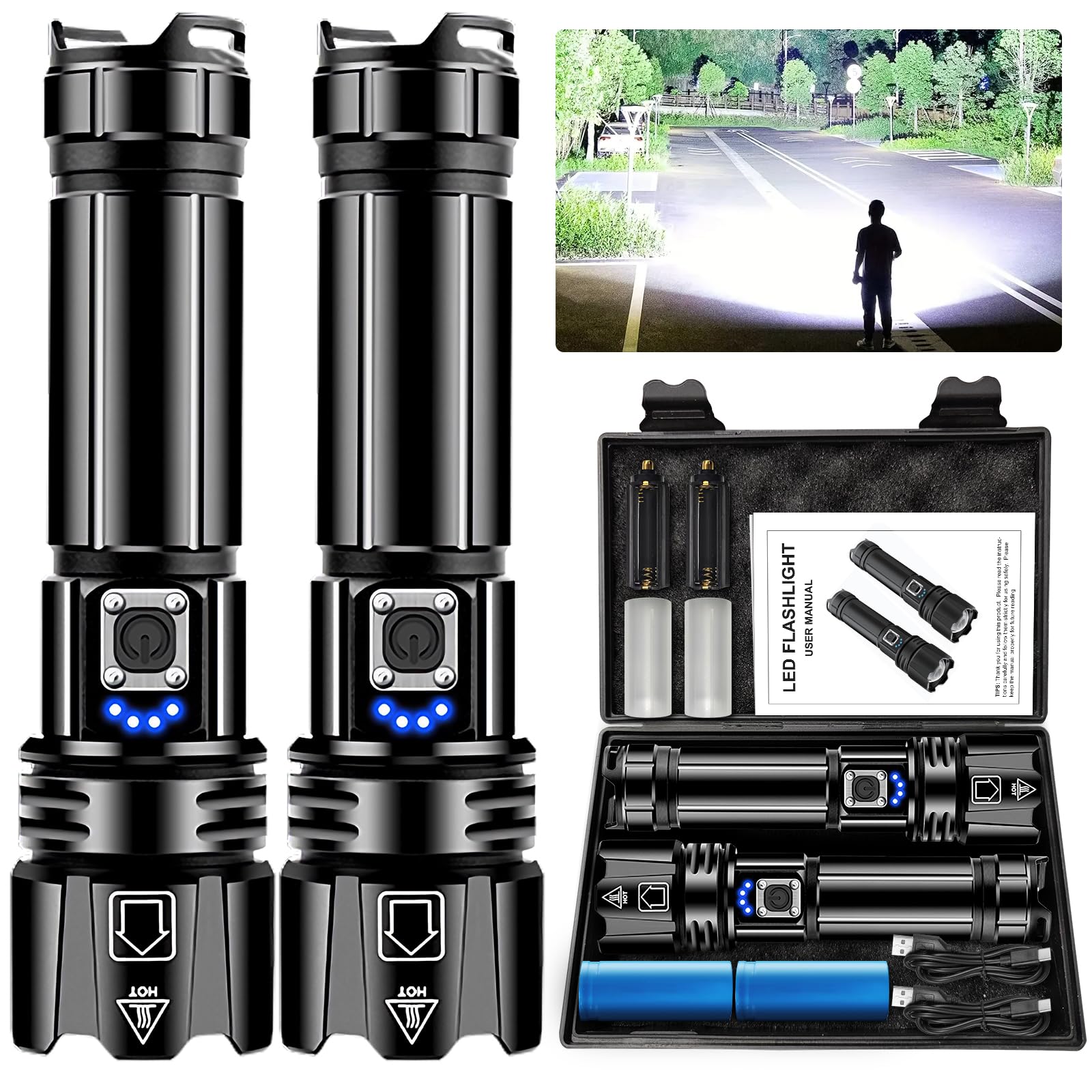 Torches LED Super Bright, 900000 High Lumens Rechargeable Torch, Powerful Torch XHP70.2 with 6 Modes & Zoomable & IPX7 Waterproof, for Camping, Hiking, Emergencies(2 Pack)