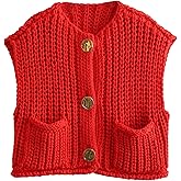 YKR Womens Chunky Knit Sweater Vest Sleeveless Button Down Cropped Cardigan Casual Knitted Crochet Vest with Pockets