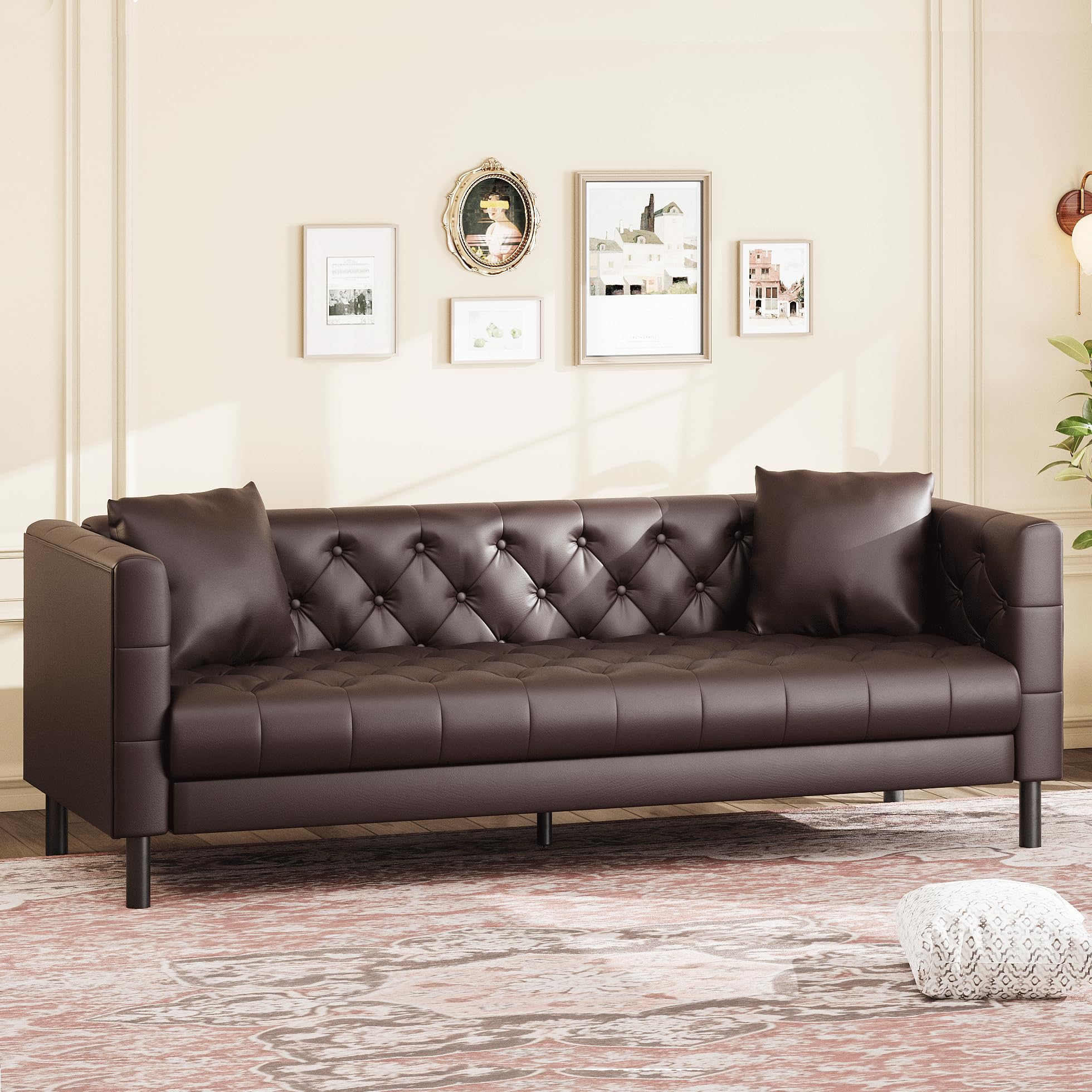 Photo 1 of **MISSING HARDWARE **GarveeHome 81 in Leather Couch for Living Room, Modern Sofa Couch with Deep Seat and 2 Pillows, Handmade Button Tufted 3 Seater Sofa, Leather Sofa for Apartment, Office, Dark Brown