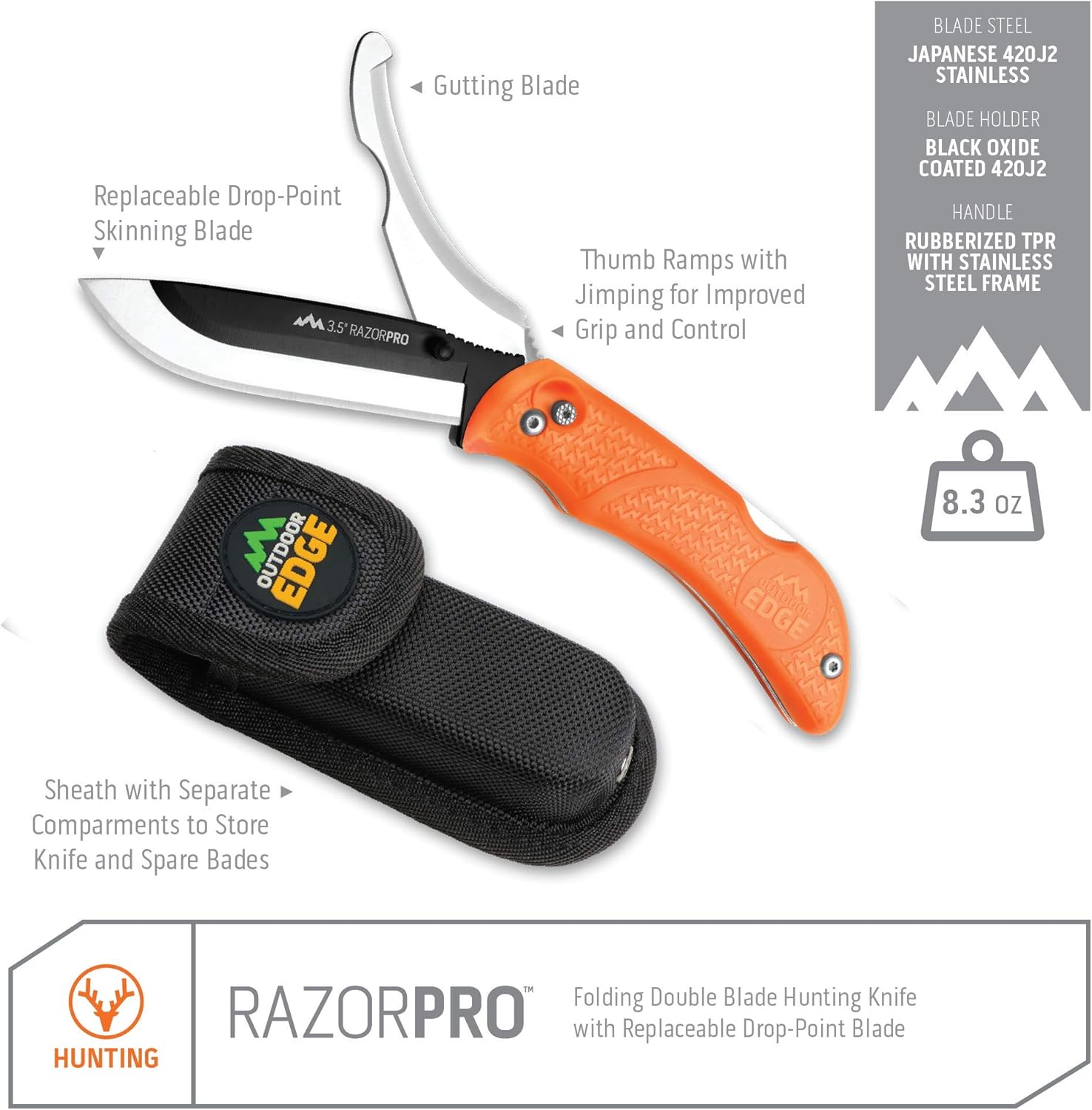 Outdoor Edge RazorPro - Double Blade Folding Hunting Knife with Replaceable Razor Blade, Gutting Blade and Camo Nylon Sheath (Orange, 6 Blades): Sports & Outdoors