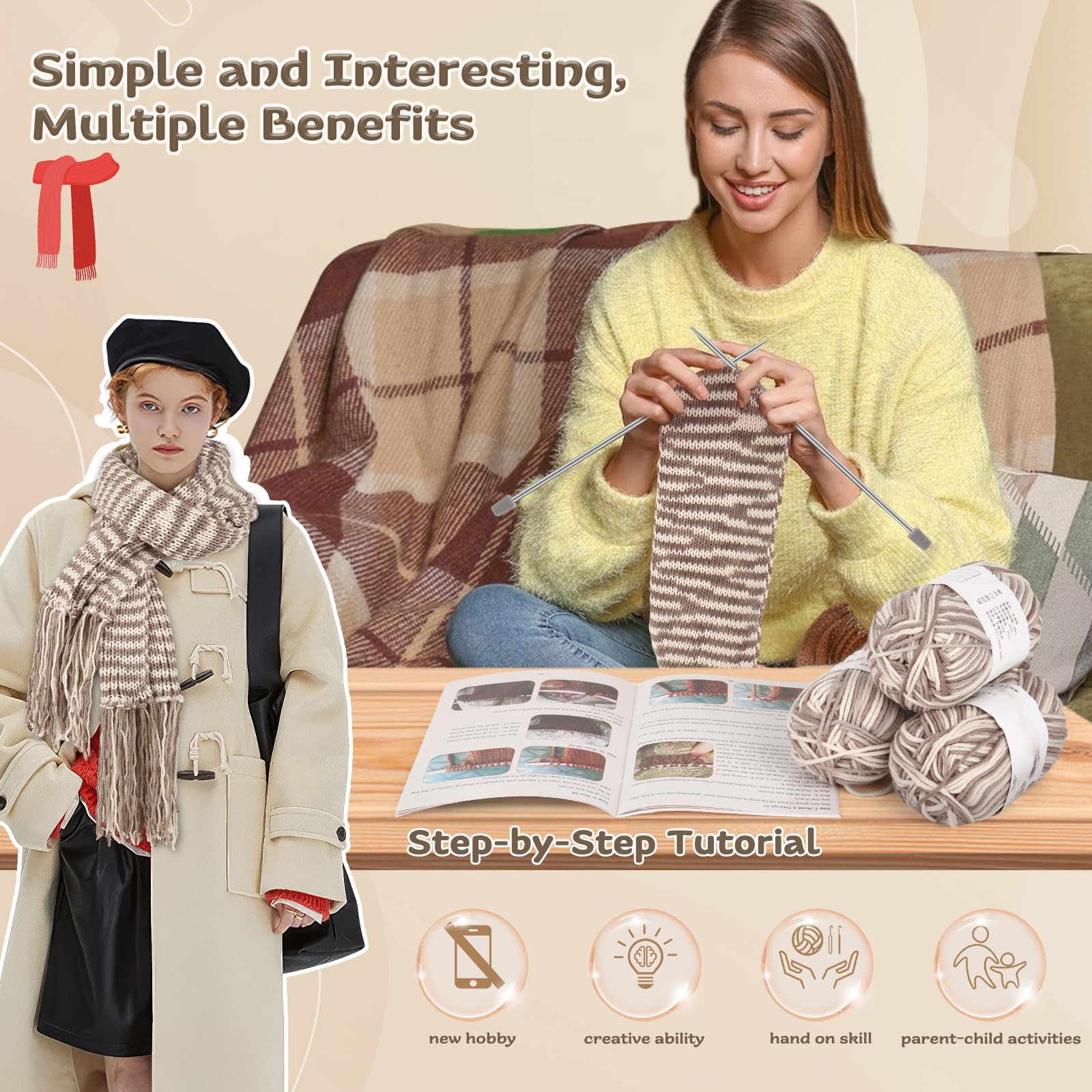 Coopay Knitting Kit for Beginners, Complete Knitting Kits Learn to Knit Scarf, Knitting Starter Kit for Adults w/Yarn, Knitting Set w/Step-by-Step Instruction Tutorial, Learn & Create Your Own Scarf